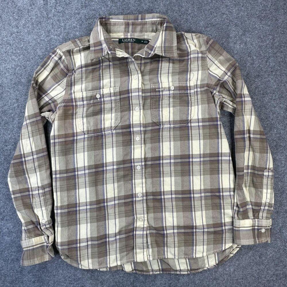 Lauren Ralph Lauren Shirt Womens Medium Brown Plaid Button Front Cotton Casual
